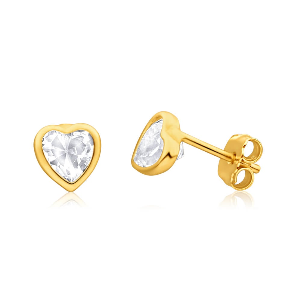 9ct Gold 5mm Cubic Zirconia Diamanté Heart Stud Earrings Jewellery