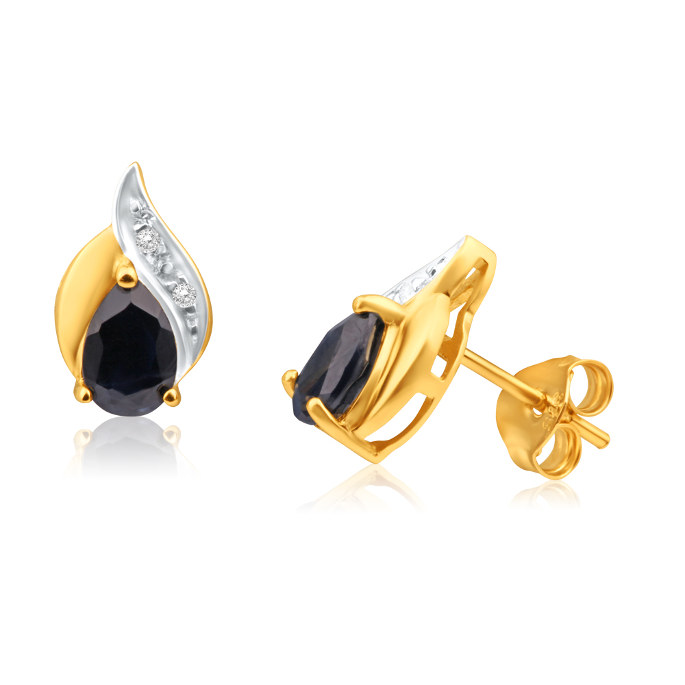 9ct Yellow Gold Natural Sapphire and Diamond Flame Stud Earrings