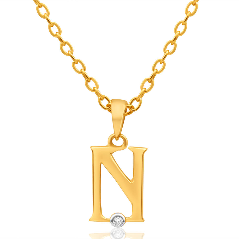 9ct Yellow Gold Pendant Initial N set with diamond