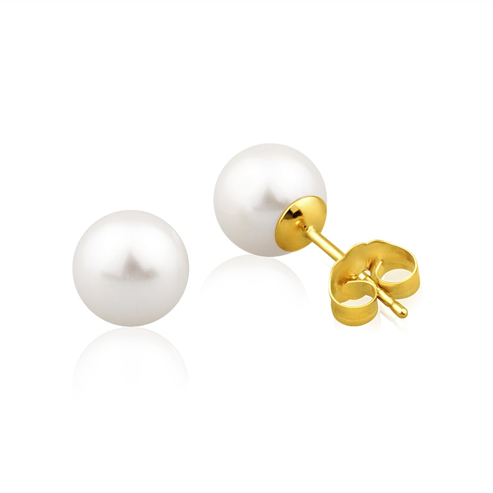 14ct Yellow Gold 7mm White Freshwater Pearl Stud Earrings