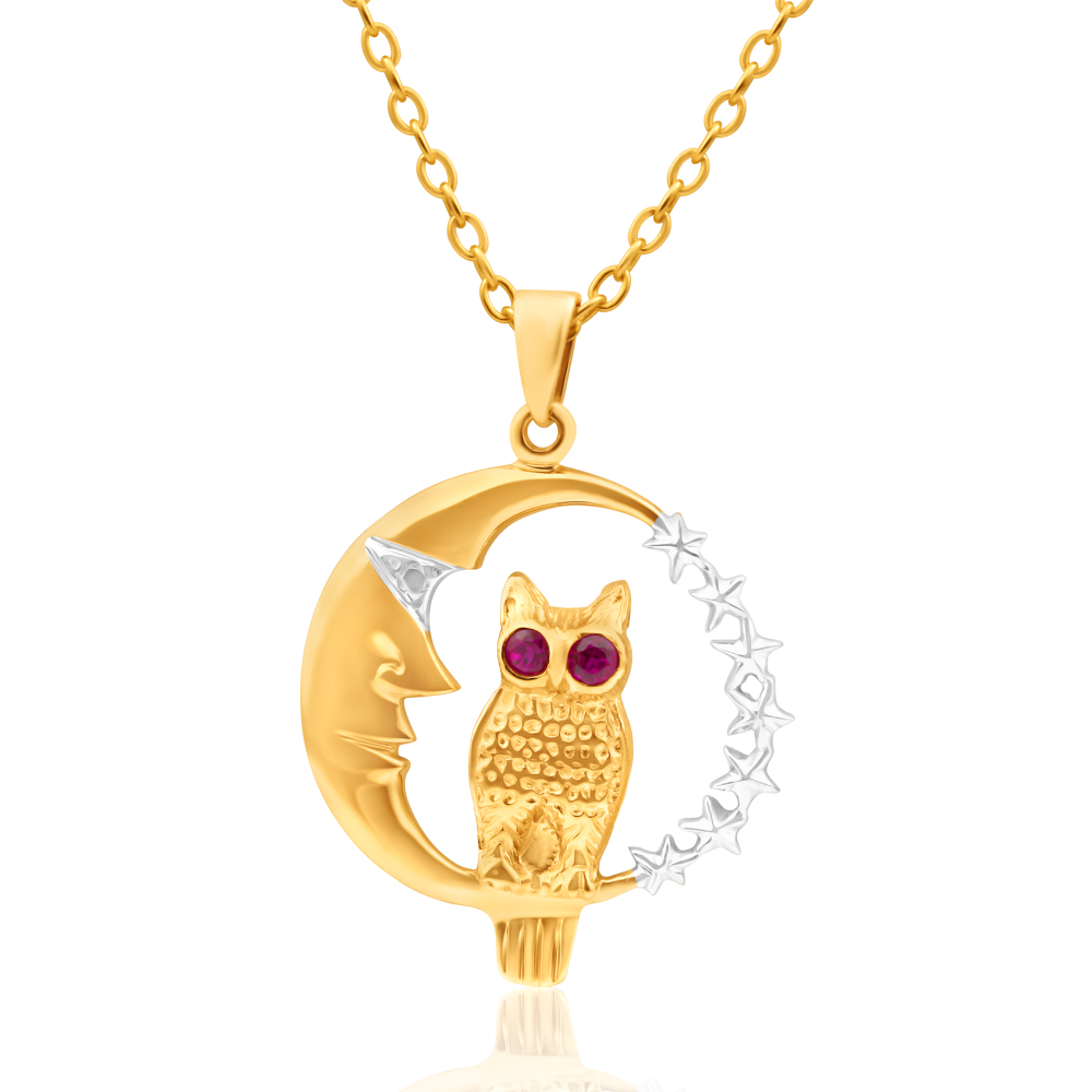 9ct Yellow Gold Ruby Set Owl & Moon Pendant
