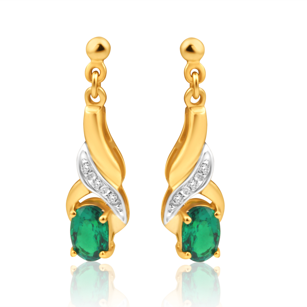 9ct Yellow Gold Created Emerald + Diamond Drop Earrings