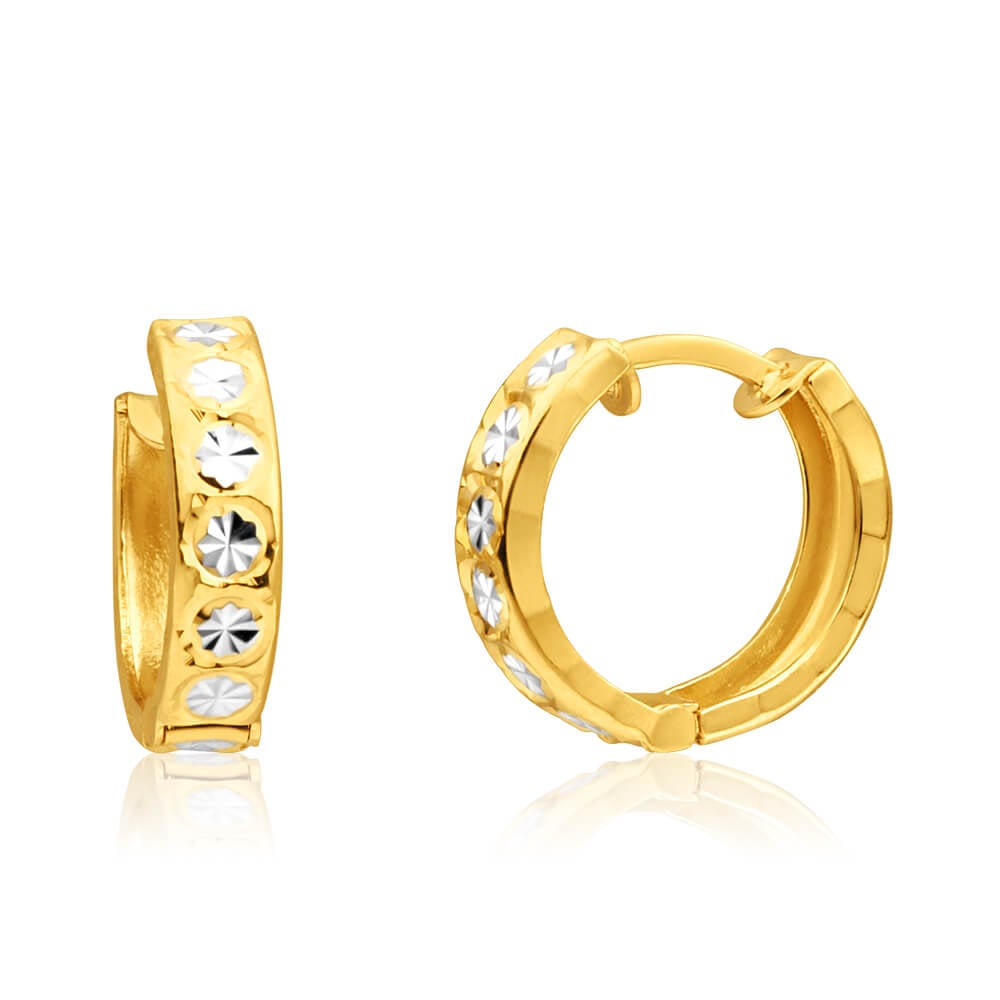 9ct Yellow Gold Huggie Hoop Earrings with diamond cut feature with Rhodium