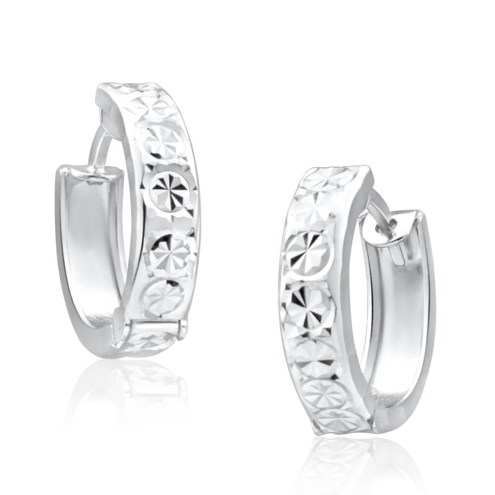 9ct White Gold 10mm Huggie Hoop Earrings with diamond cutting features