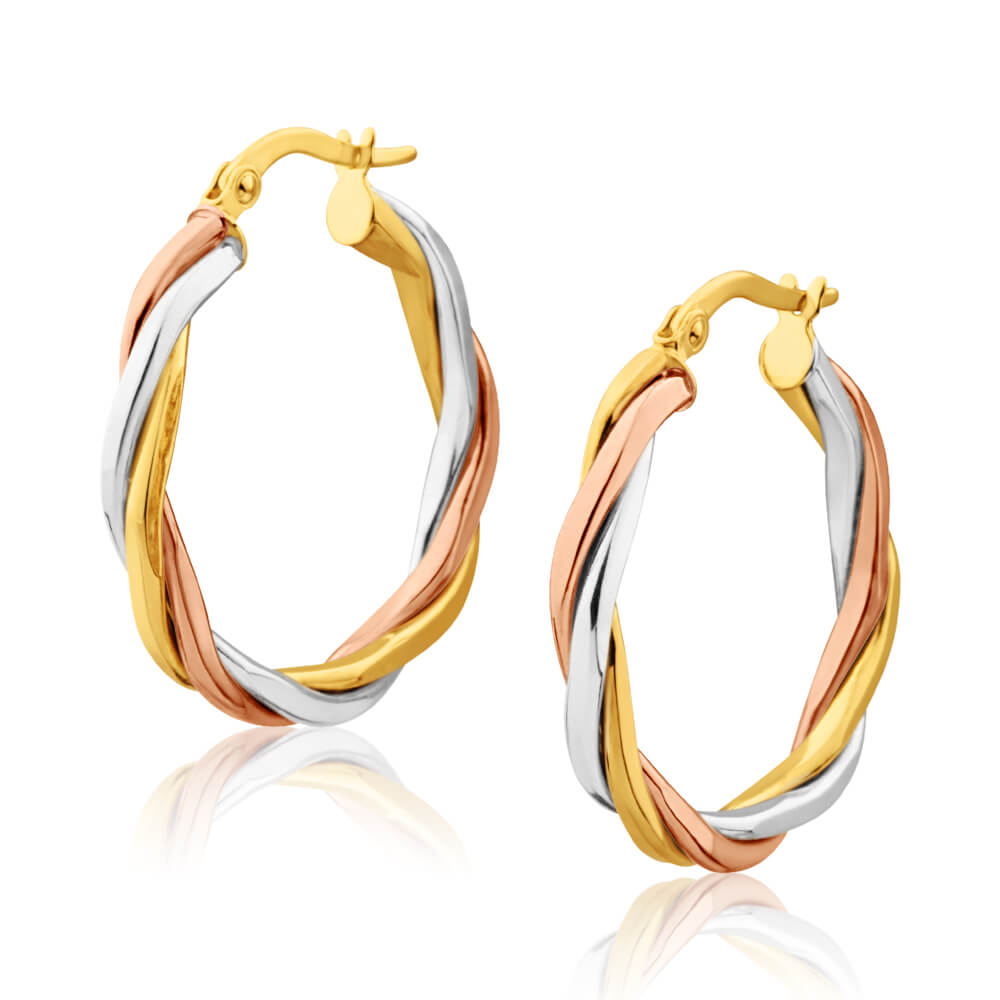9ct Yellow Gold, White Gold & Rose Gold Twist 20mm Hoop Earrings