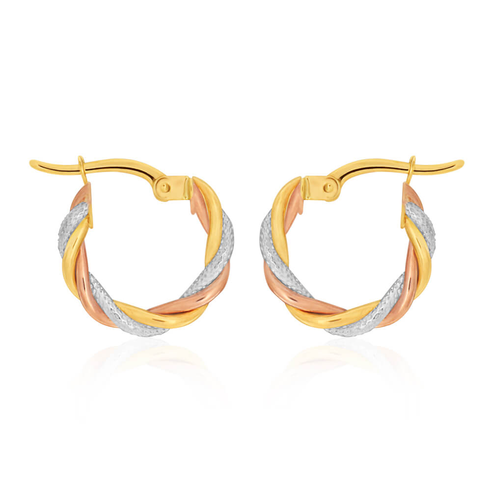 9ct Yellow Gold, White Gold & Rose Gold Twist 10mm Hoop Earrings