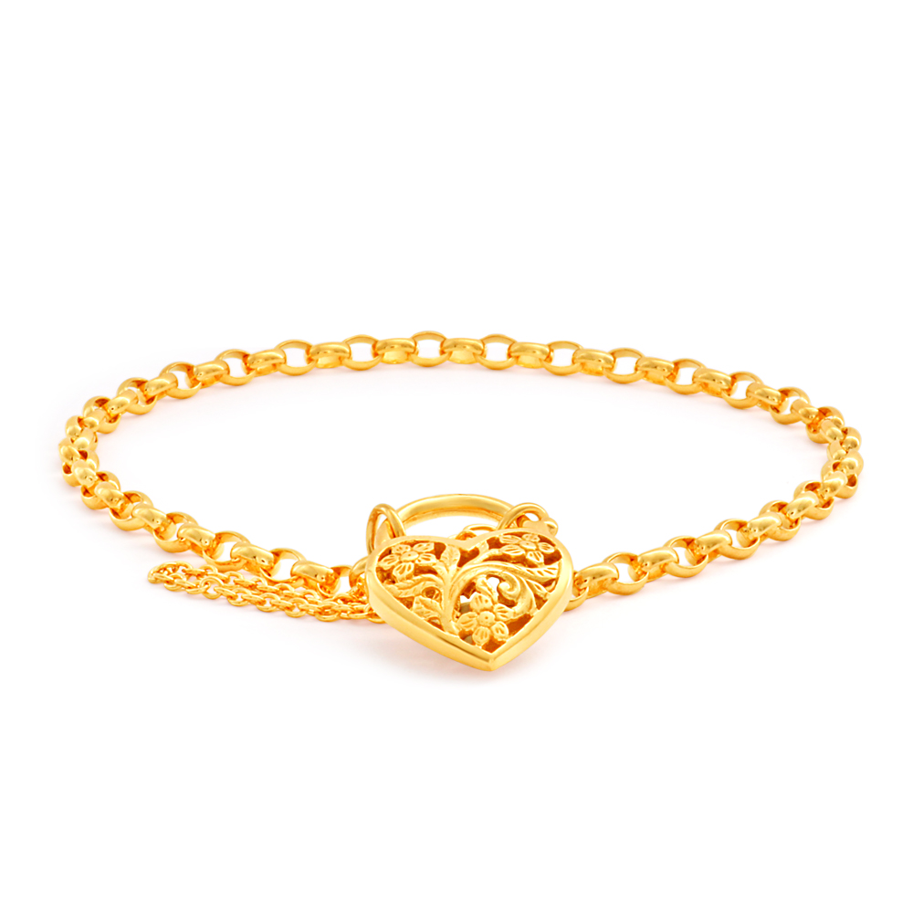 9ct Yellow Gold Oval Belcher Filigree  Heart Charm Padlock 19cm Bracelet