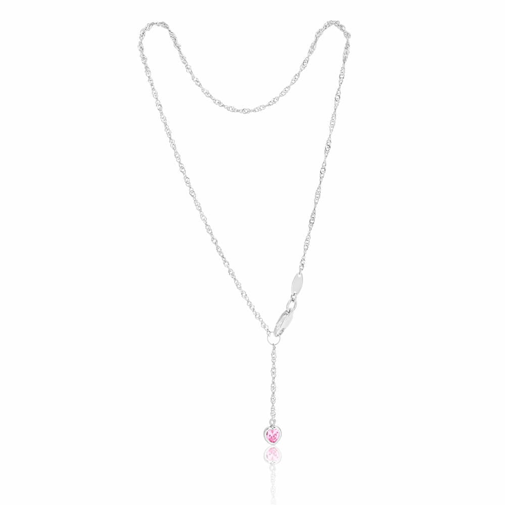 9ct White Gold Singapore with Pink Cubic Zirconia Heart Charm 27cm Anklet