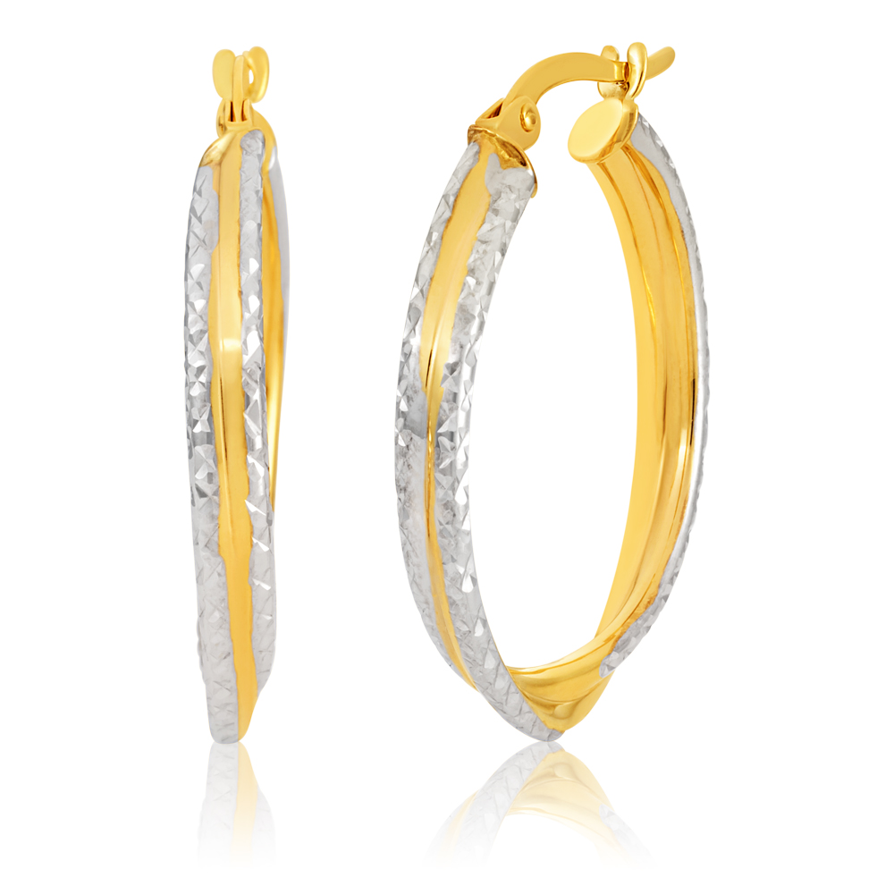 9ct White and Yellow Gold  double Twsited 20MM Hoops dicut feature