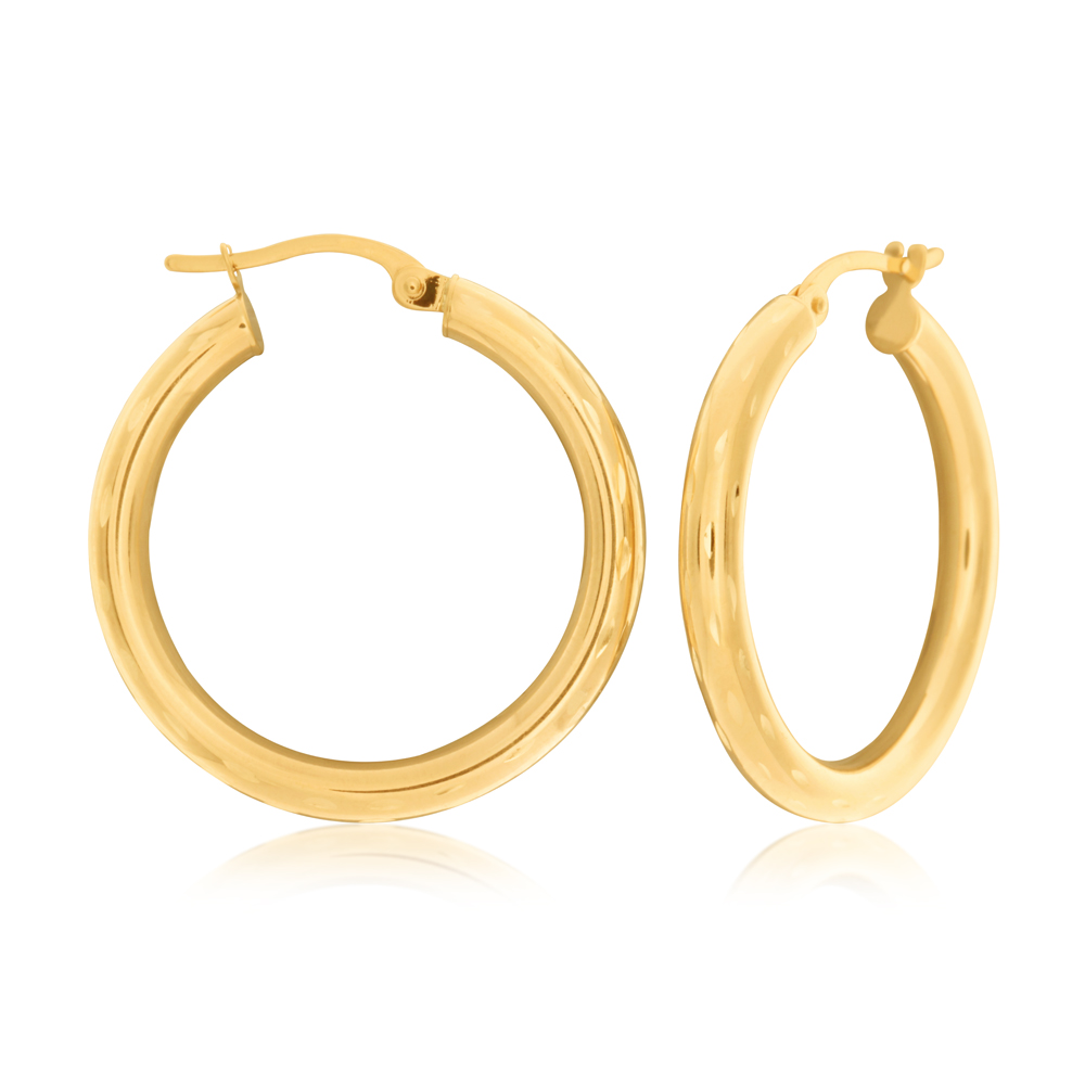 9ct Yellow Gold Diamond Cut 20mm Hoop Earrings