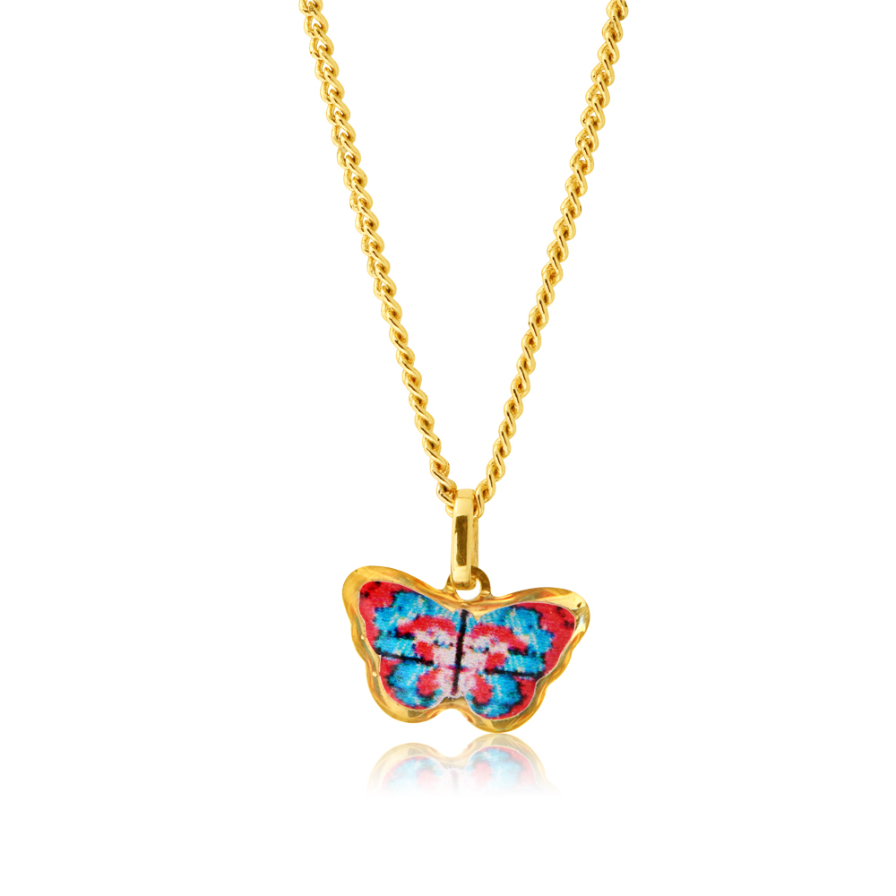 9ct Yellow Gold Red and Blue Butterfly Pendant