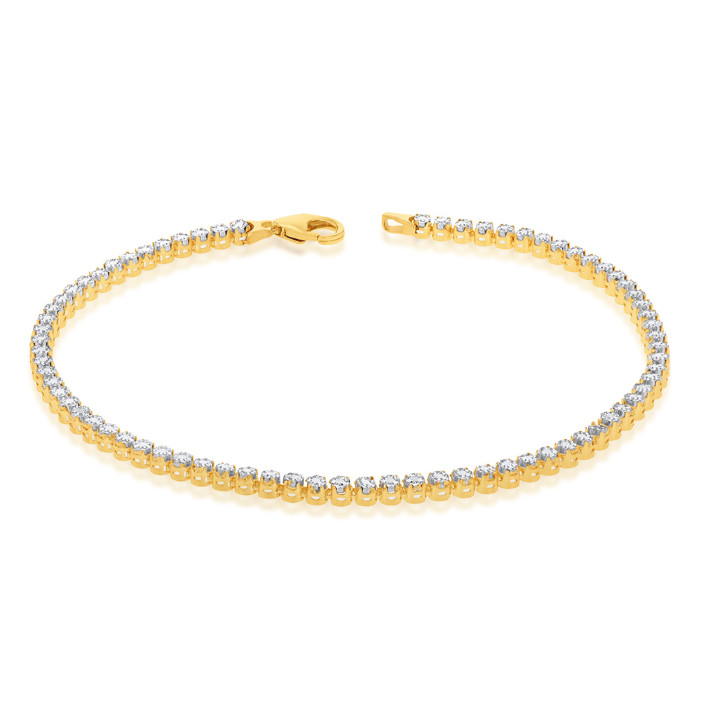 9ct Yellow And White Gold Two Tone Diamond Cut 19cm Tennis Bracelet