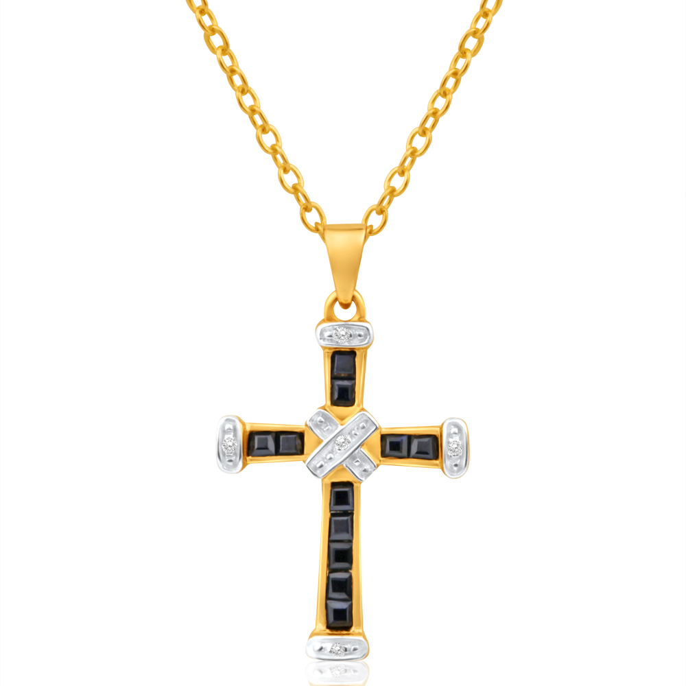 9ct Yellow Gold Dark Sapphire + Diamond Cross Pendant