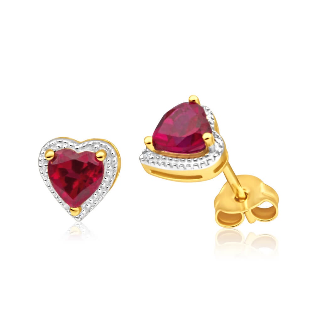 9ct Radiant Yellow Gold Created Ruby + Diamond Stud Earrings