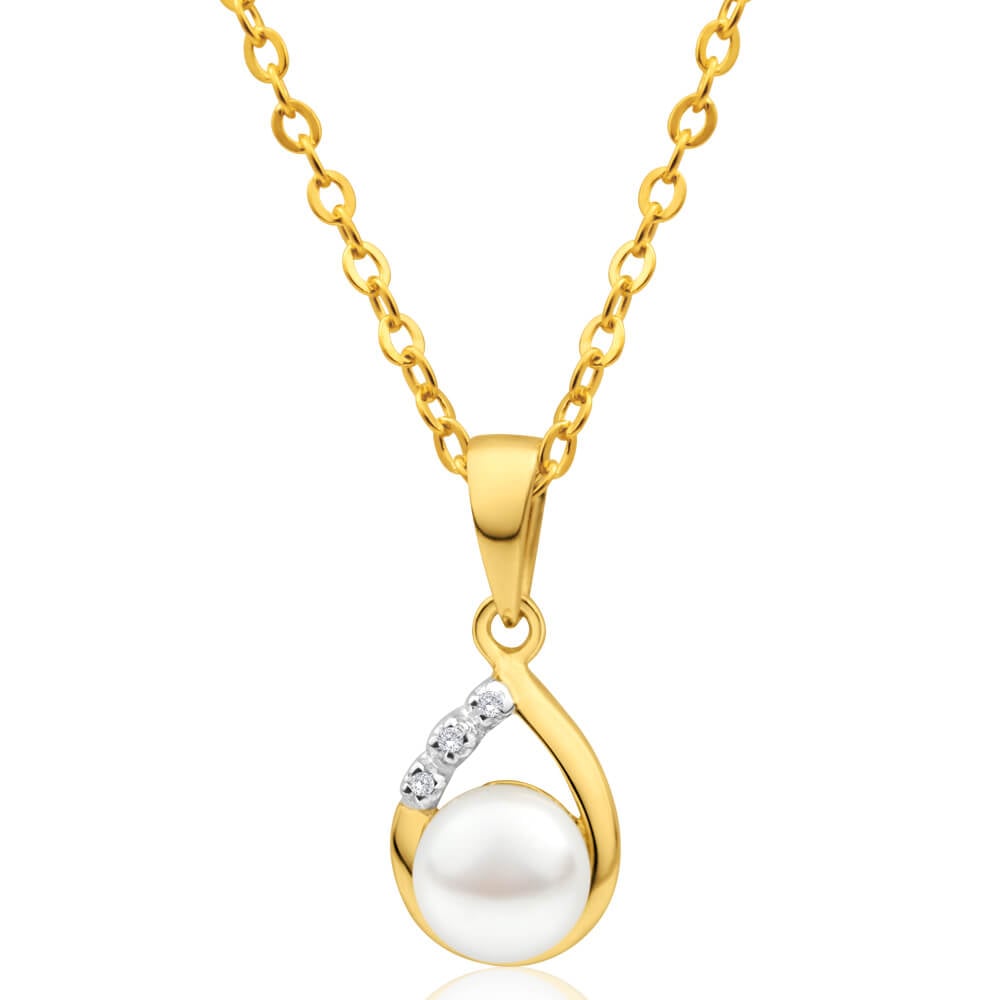9ct Elegant Yellow Gold Diamond + Pearl Pendant