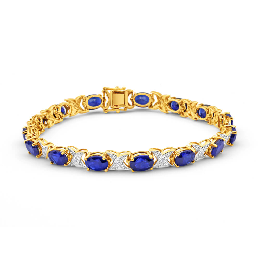 9ct Yellow Gold 7x5mm Oval Cut Created Sapphire and Diamond 19cm Crossover Bracelet