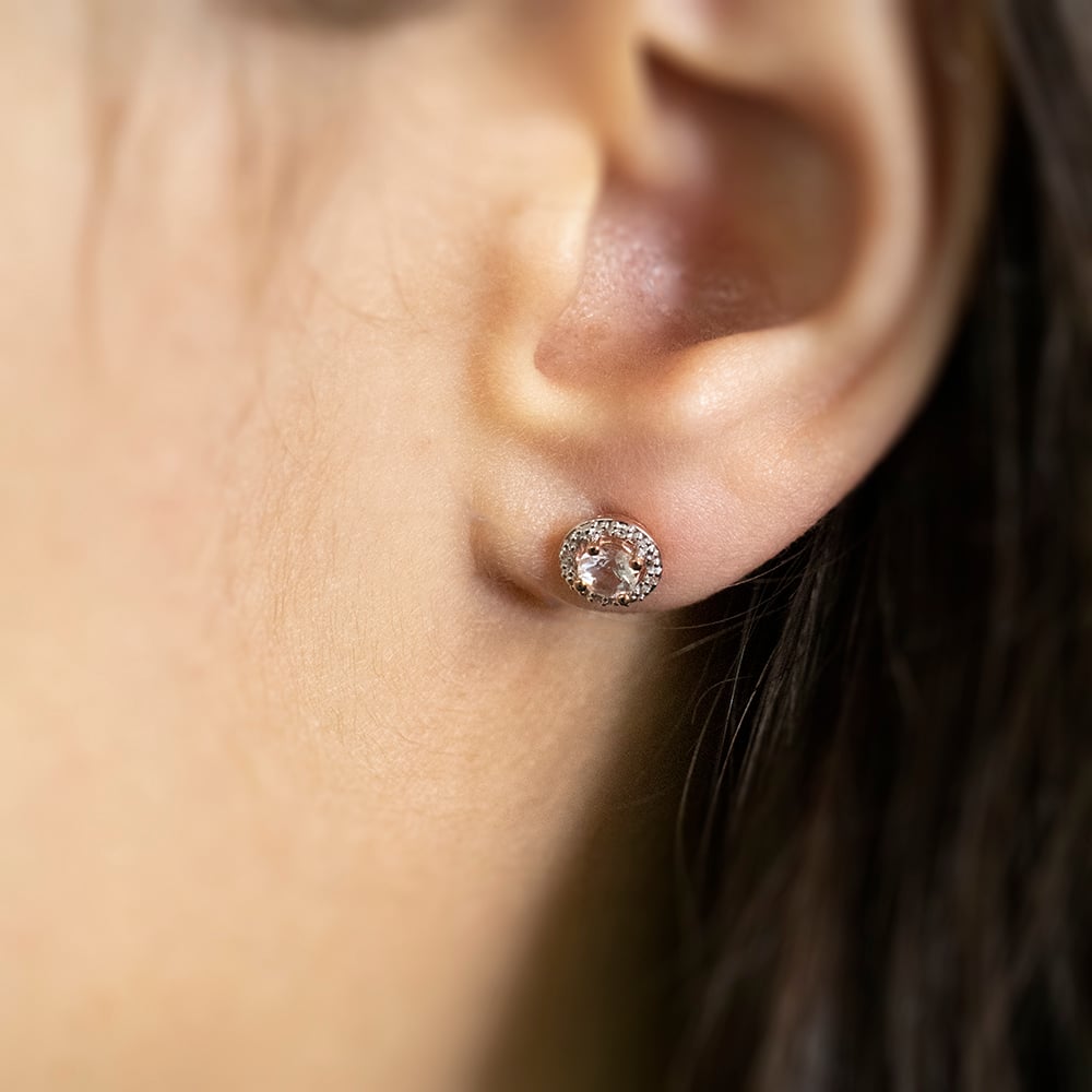 9ct Rose Gold 4mm  Diamond + Morganite Stud Earrings