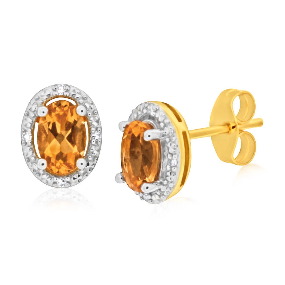 9ct Yellow Gold Citrine & Diamond Stud Earrings