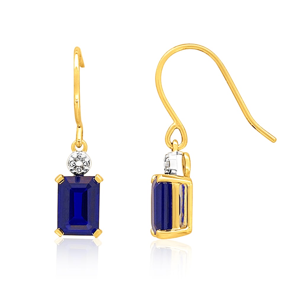 9ct Yellow Gold 7x5mm Created Sapphire Drop Earrings with Diamonds
