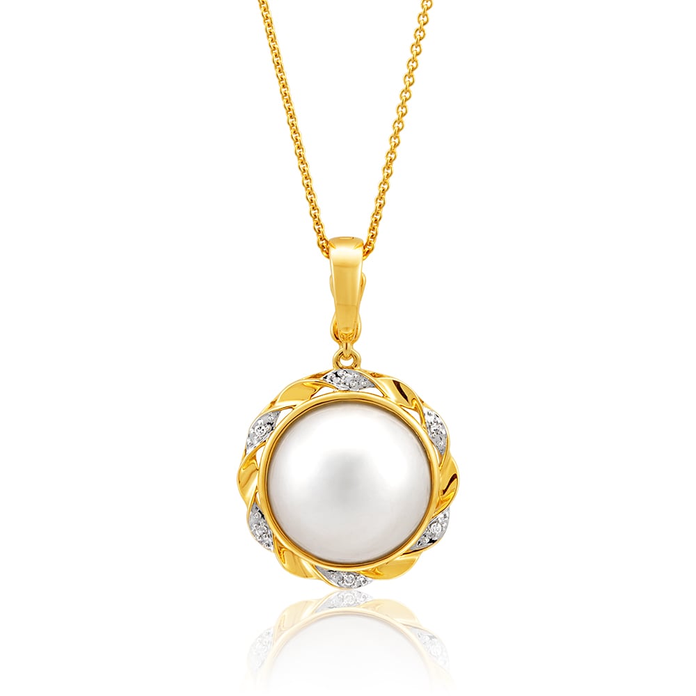 9ct Yellow Gold & White Gold Diamond + Pearl Pendant