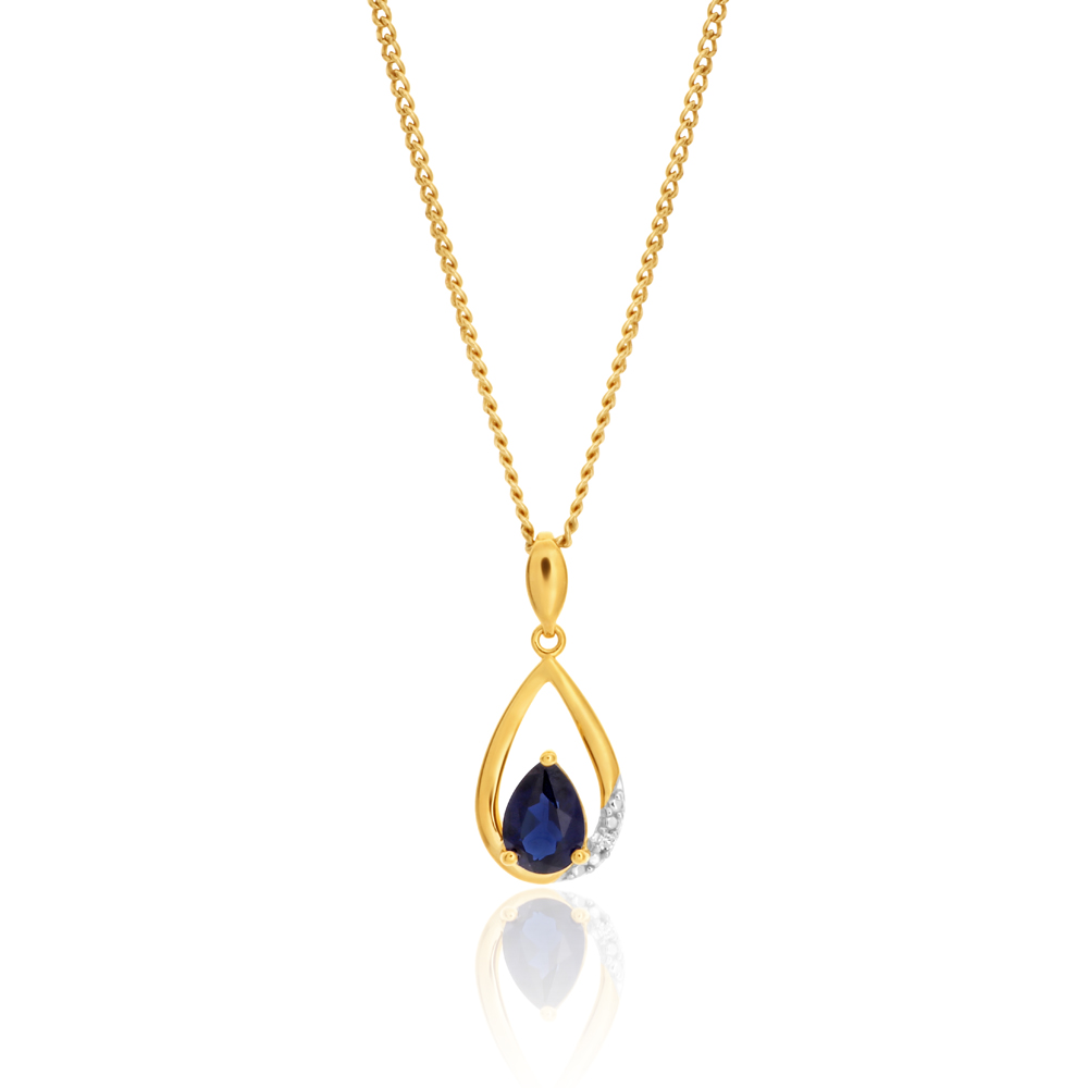 9ct Yellow Gold Created Sapphire and Diamond Pendant
