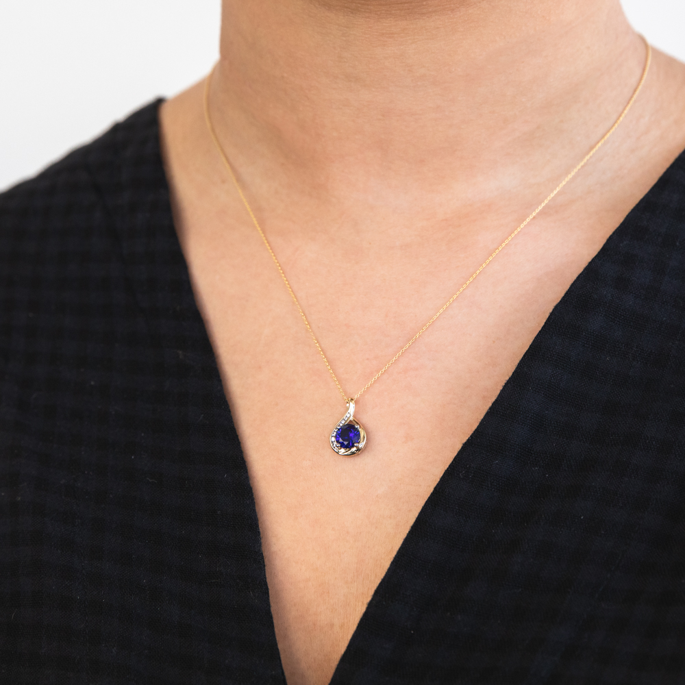 9ct Yellow Gold Created Blue Sapphire and Zirconia Pendant With 45cm Chain