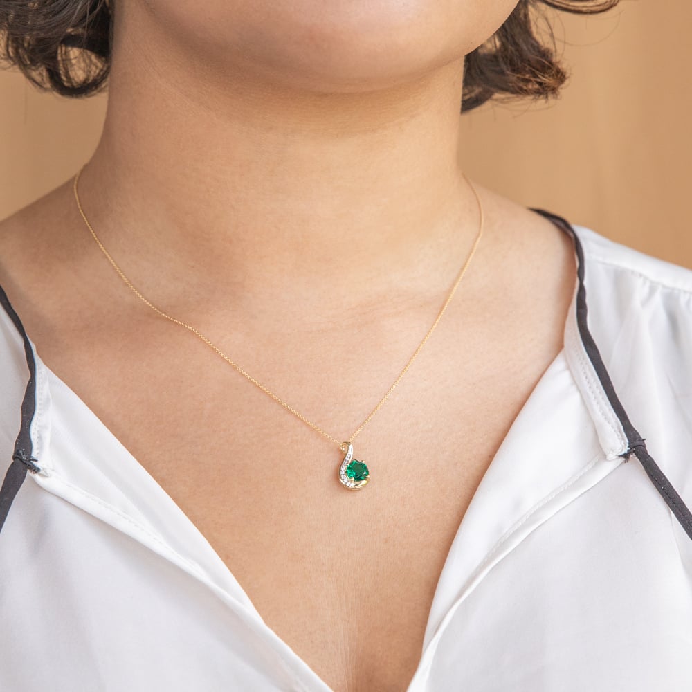 9ct Yellow Gold Created Emerald and Zirconia Pendant With 45cm Chain
