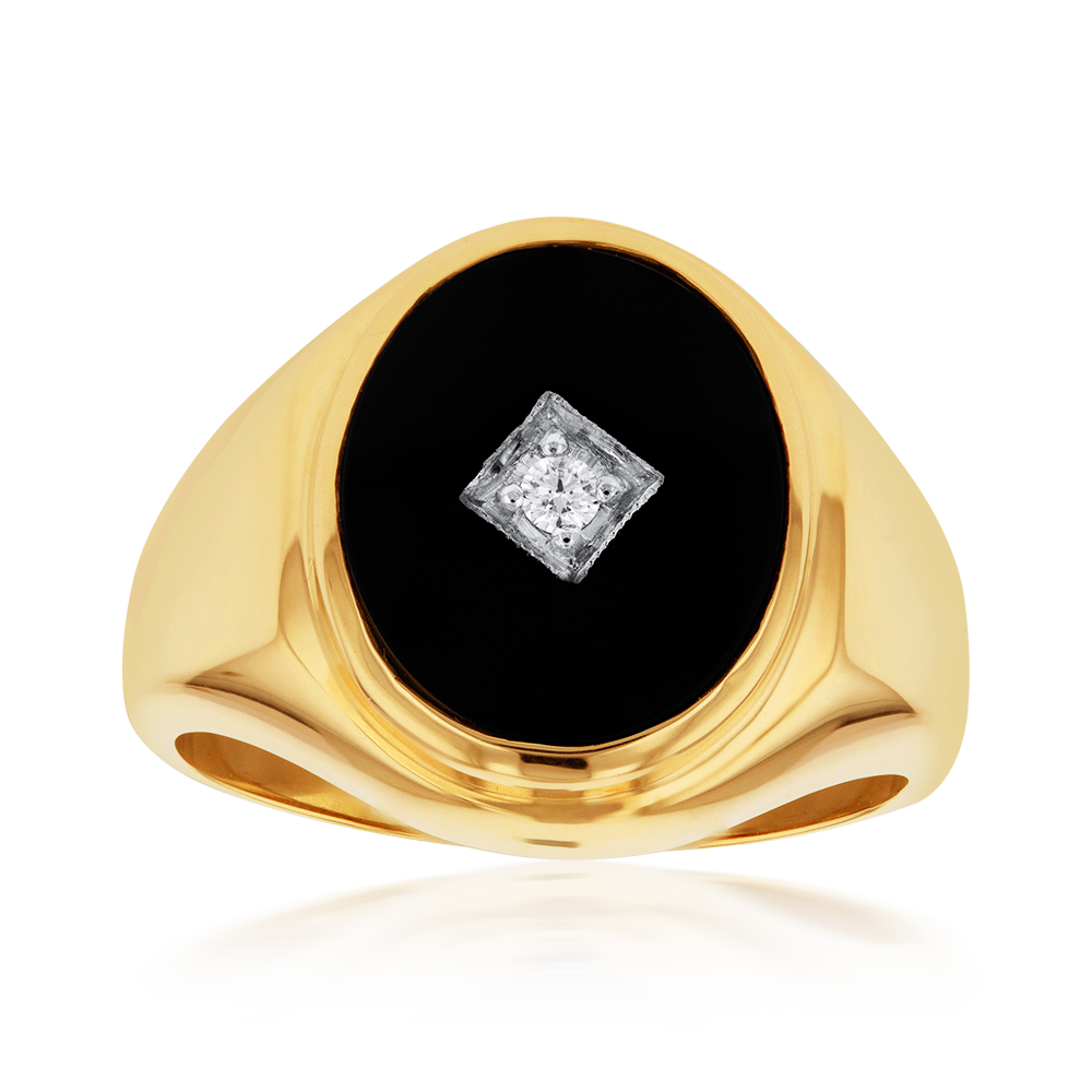 9ct Yellow Gold Black Onyx and Diamond Gents Ring