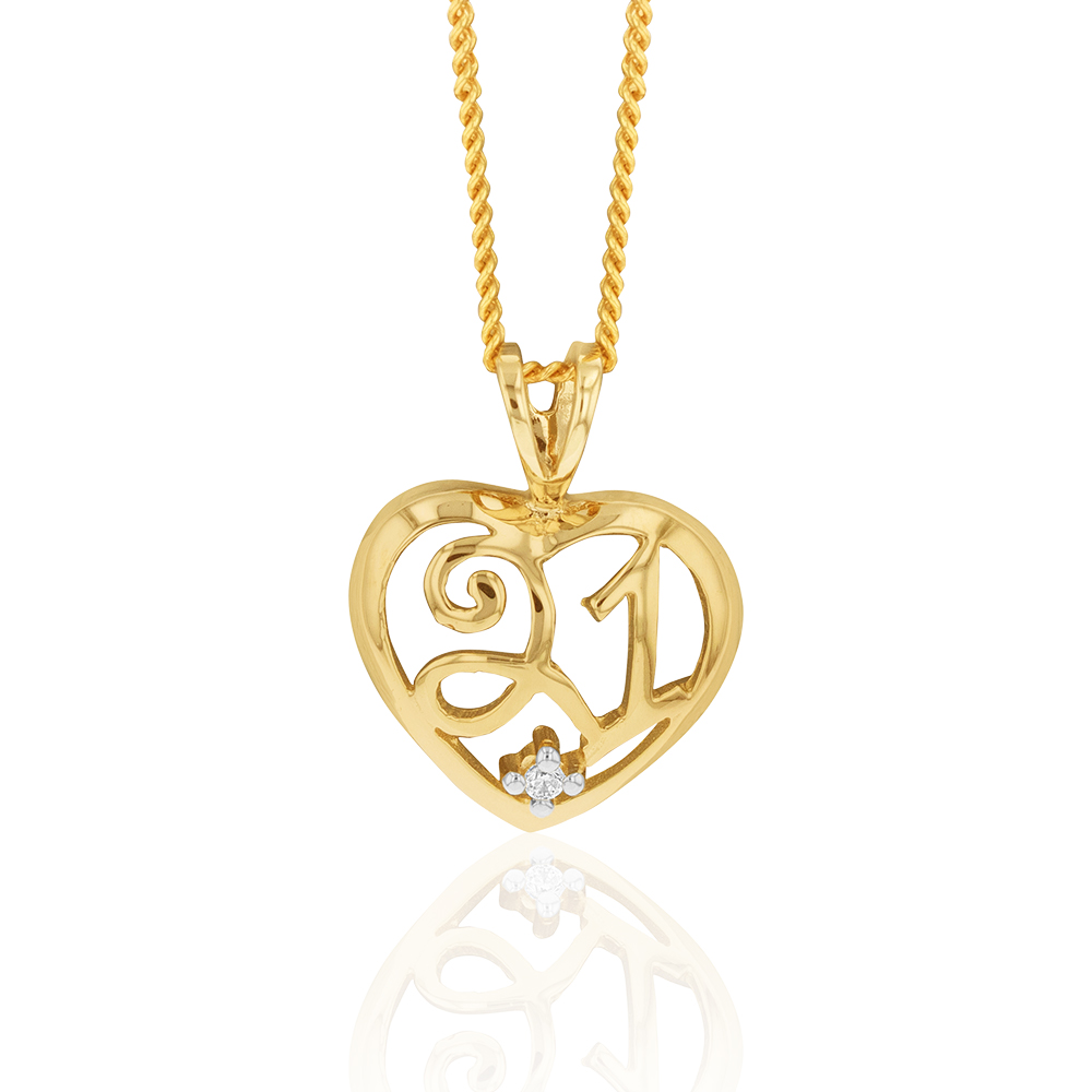 9ct Yellow Gold Zirconia Number 21 Heart Pendant