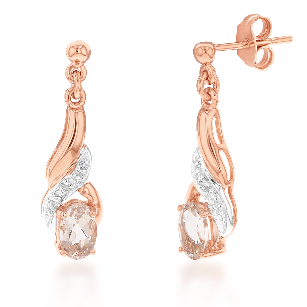 9ct Rose Gold Morganite and Diamond Oval Drop Earrings