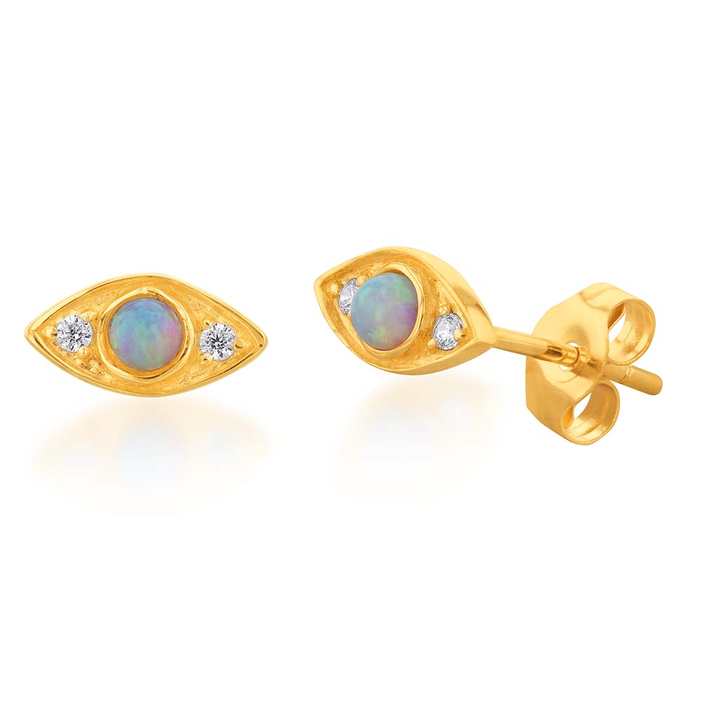 9ct Yellow Gold Zirconia and Created Opal Evil Eye Studs
