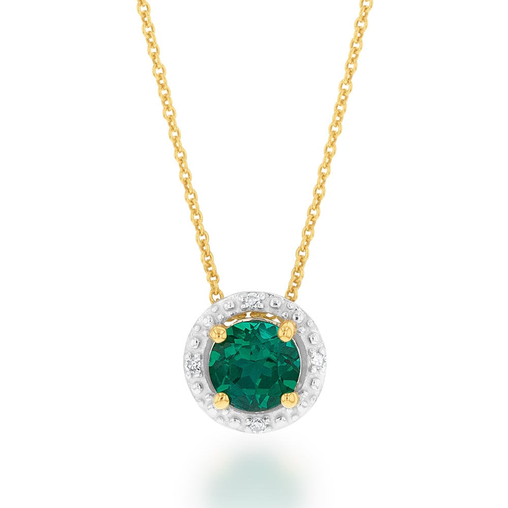9ct Yellow Gold 5mm Created Emerald and Diamond Halo Pendant on 45cm Chain