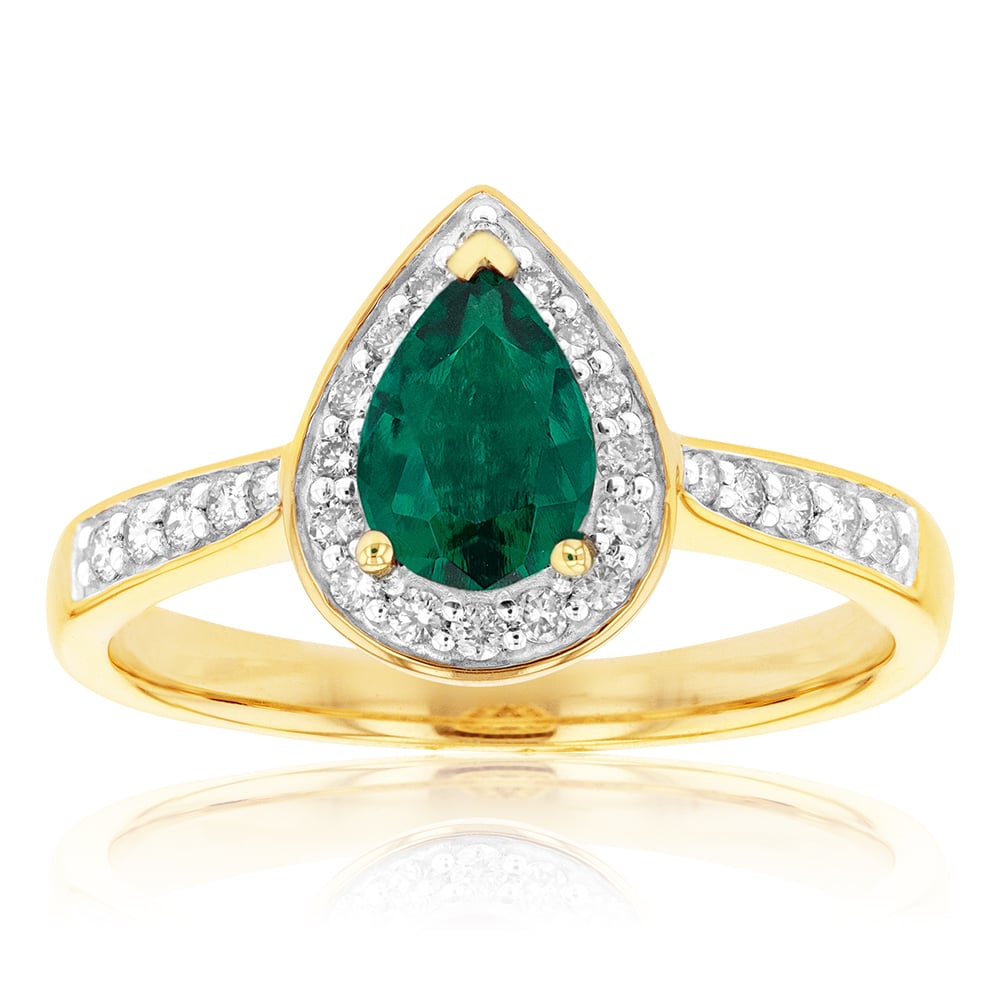 9ct Yellow Gold Created Emerald and Diamond Pear Halo Ring