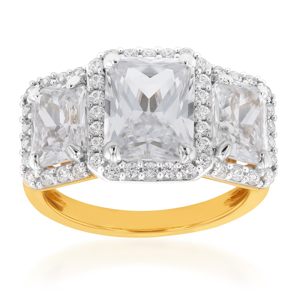 9ct Yellow Gold Emerald Cut Trilogy Halo Ring