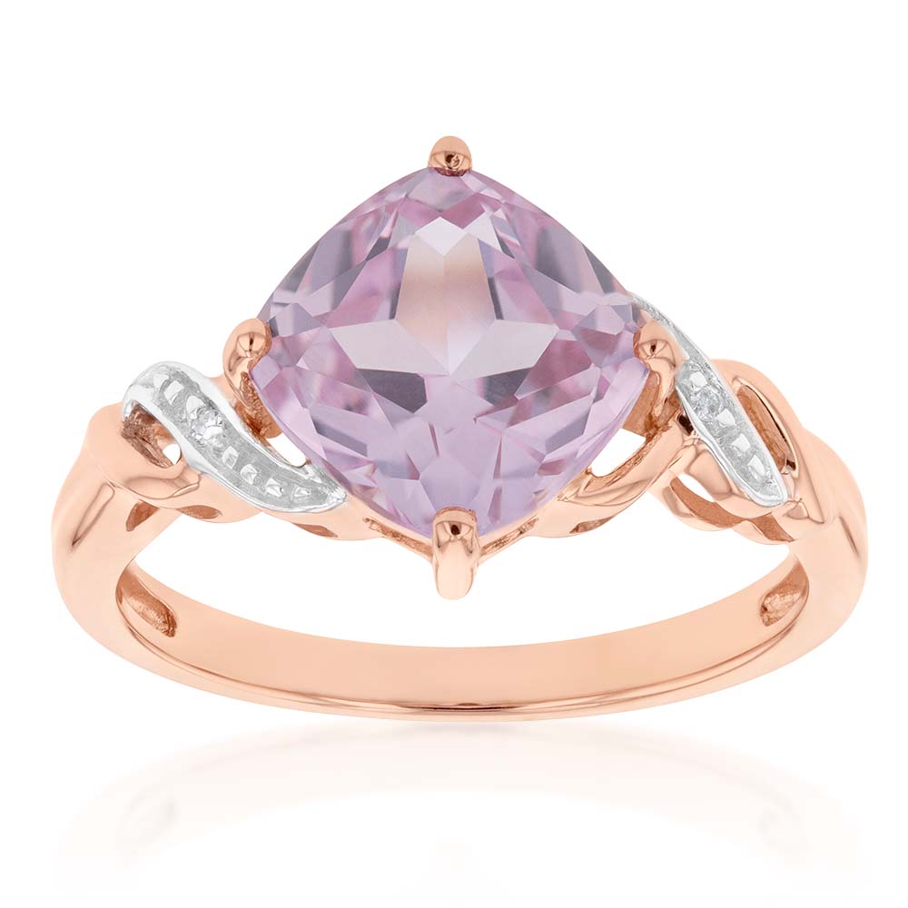 9ct Rose Gold Created Peach Sapphire and Diamond Cushion Cut Ring