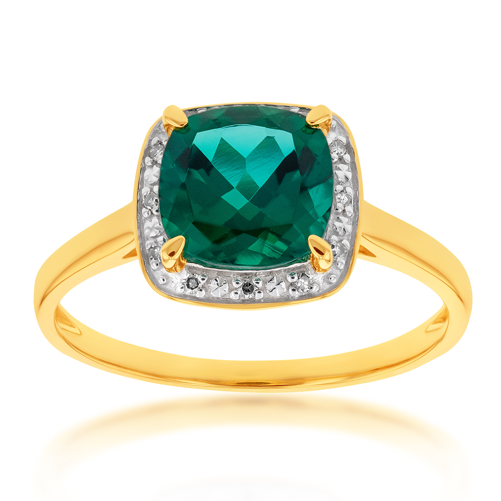 9ct Yellow Gold 8mm Created Emerald and Diamond Cushion Cut Ring