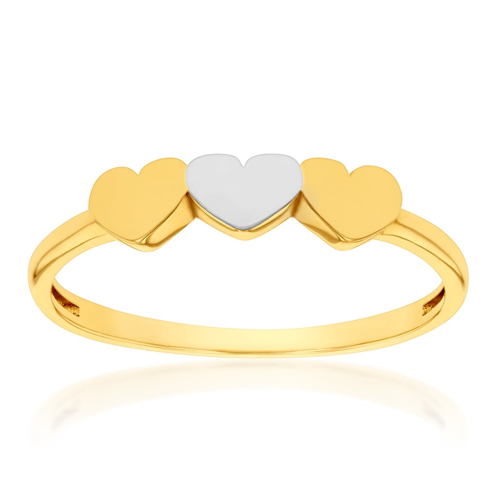 9ct Yellow And White Gold Triple Heart In Two Tone Ring