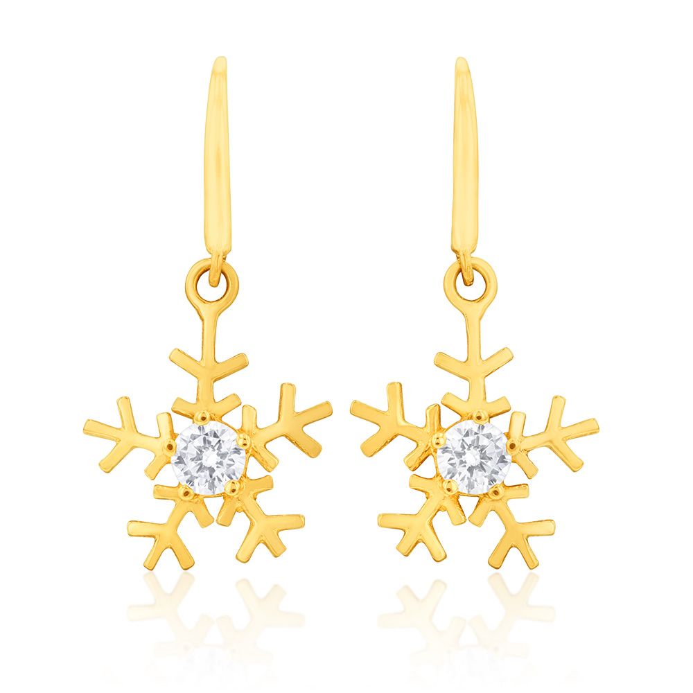 9ct Yellow Gold Zirconia Snowflake Drop Earrings