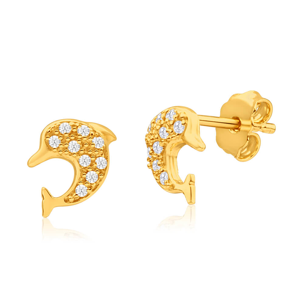 9ct Yellow Gold Dolphin Stud Earrings New 