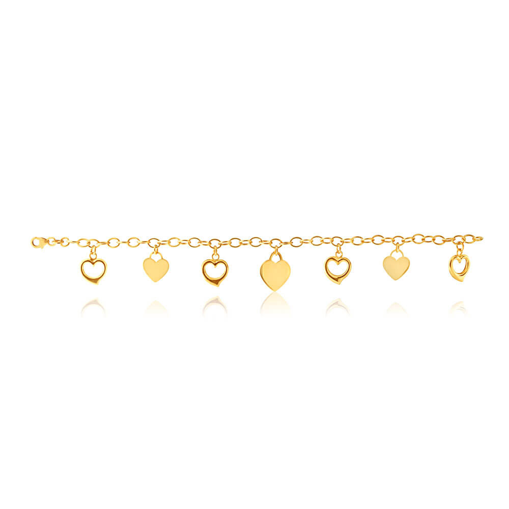 9ct Yellow Gold Silver Filled Plain and Heart Shape Charms on 19cm Belcher Bracelet