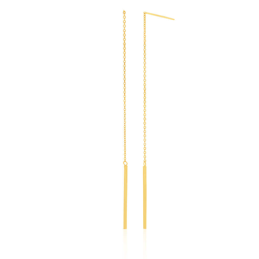 9ct Yellow Gold Silver Filled Long Thread Bar Drop Earrings