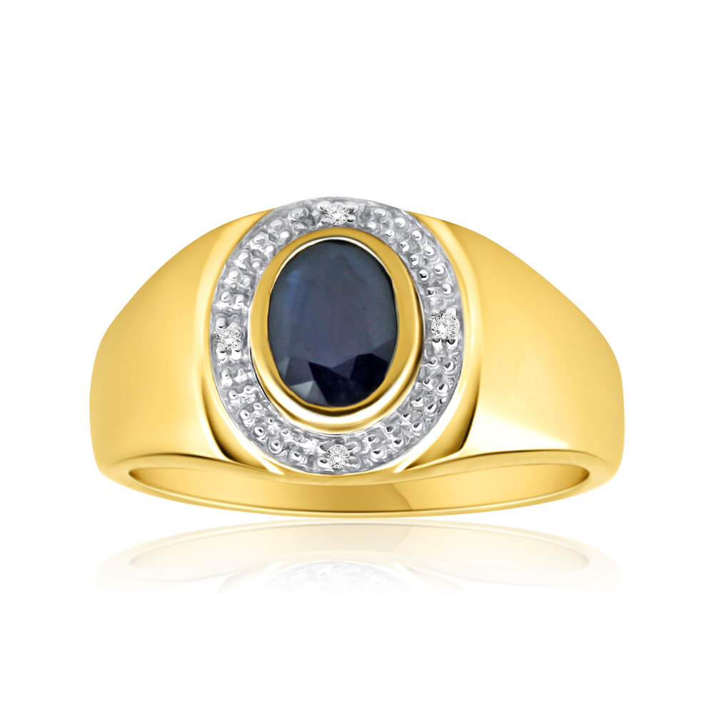 9ct Yellow Gold Natural Black Sapphire + Diamond Gents Ring