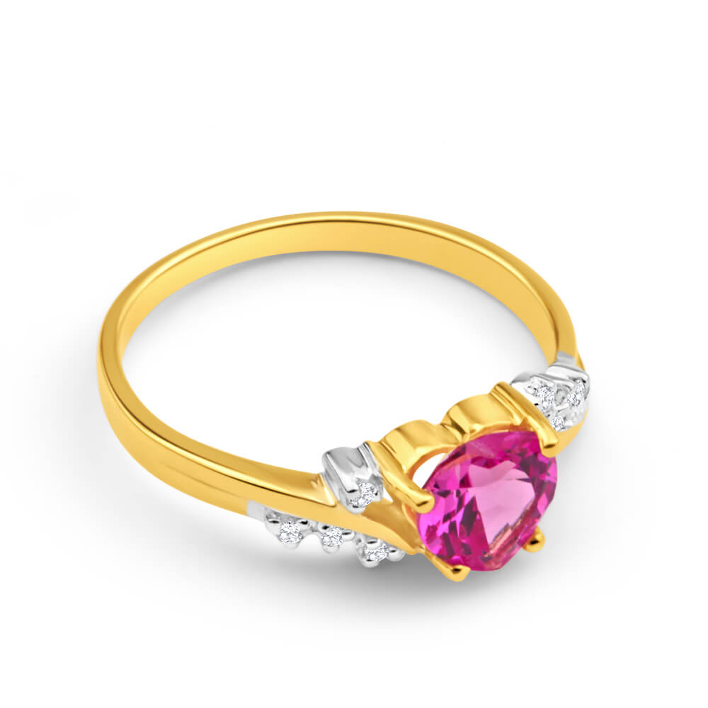 9ct Yellow Gold Created Pink Sapphire Heart and  Diamond Ring