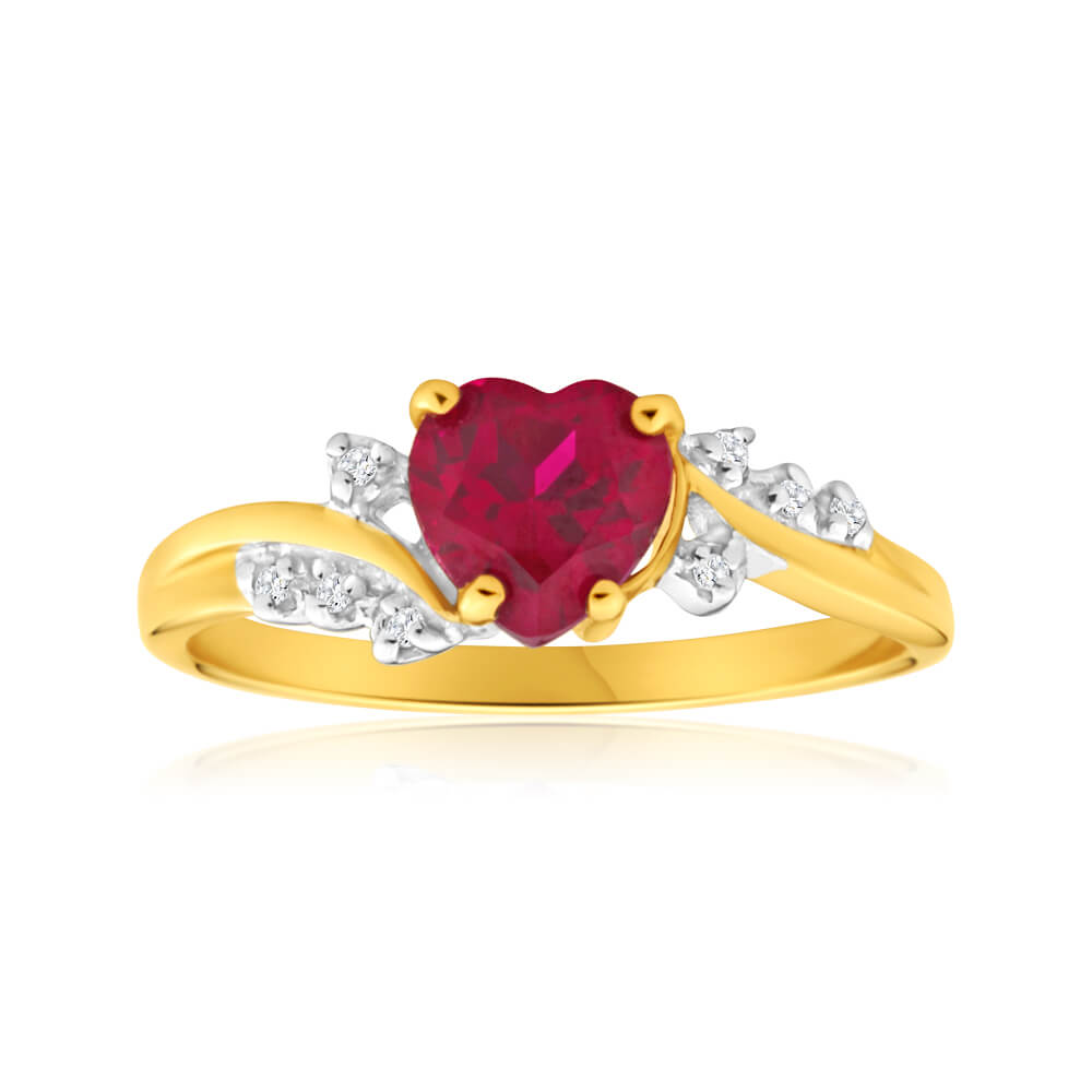 9ct Yellow Gold Heart Created Ruby + Ring (20250083) - Jewellery Shiels Jewellers