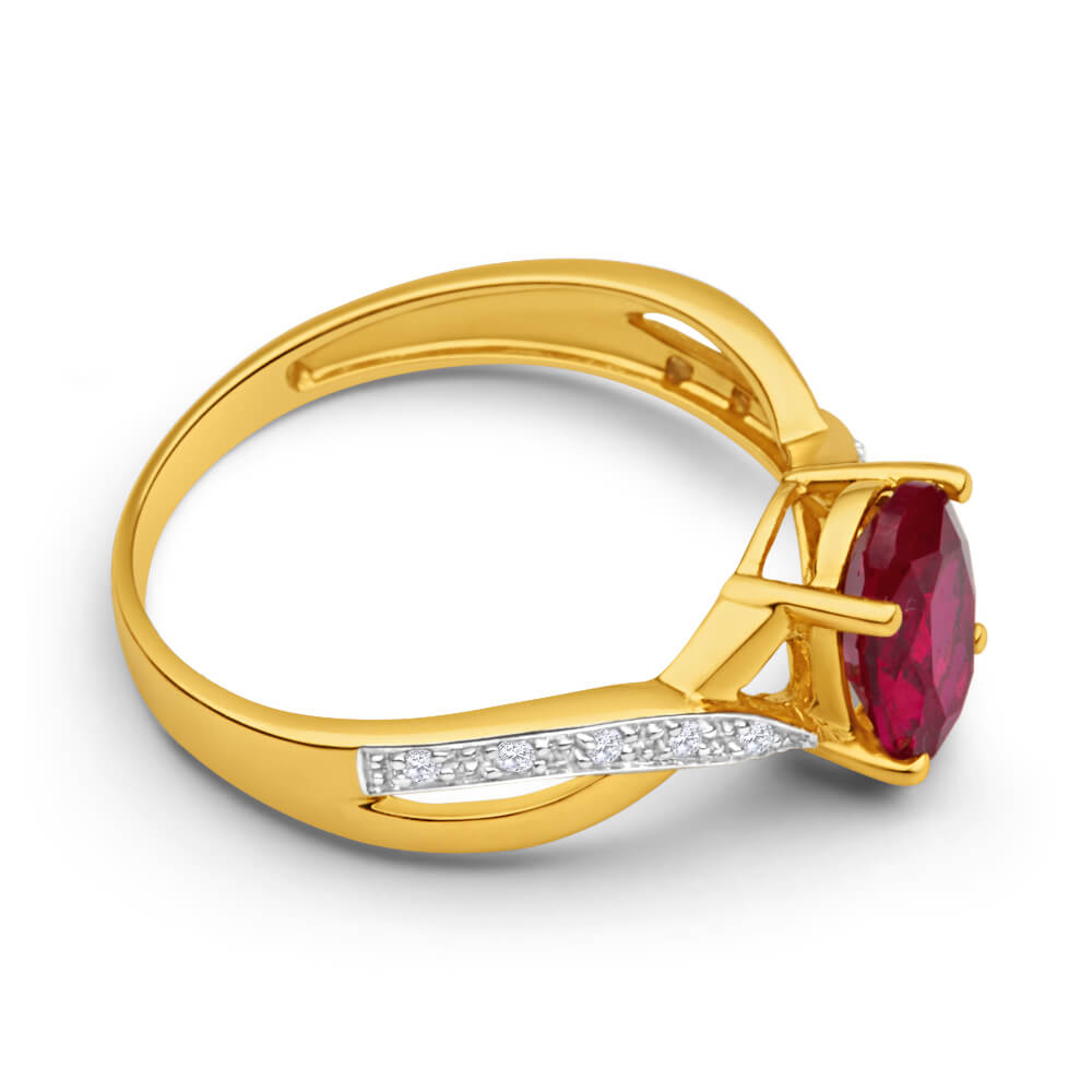 9ct Yellow Gold Created Ruby and Diamond Cross Over Ring