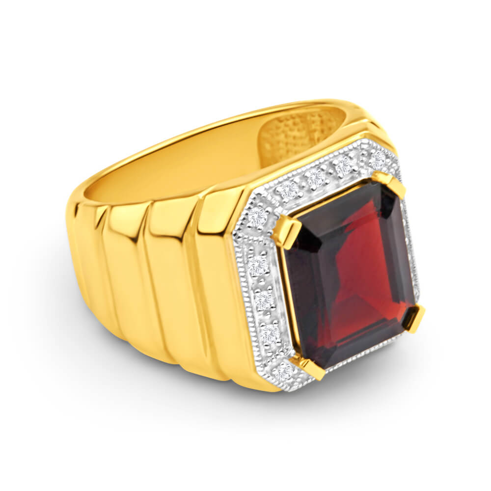9ct Yellow Gold 12x10mm Emerald Cut Garnet and Diamond Halo Gents Ring