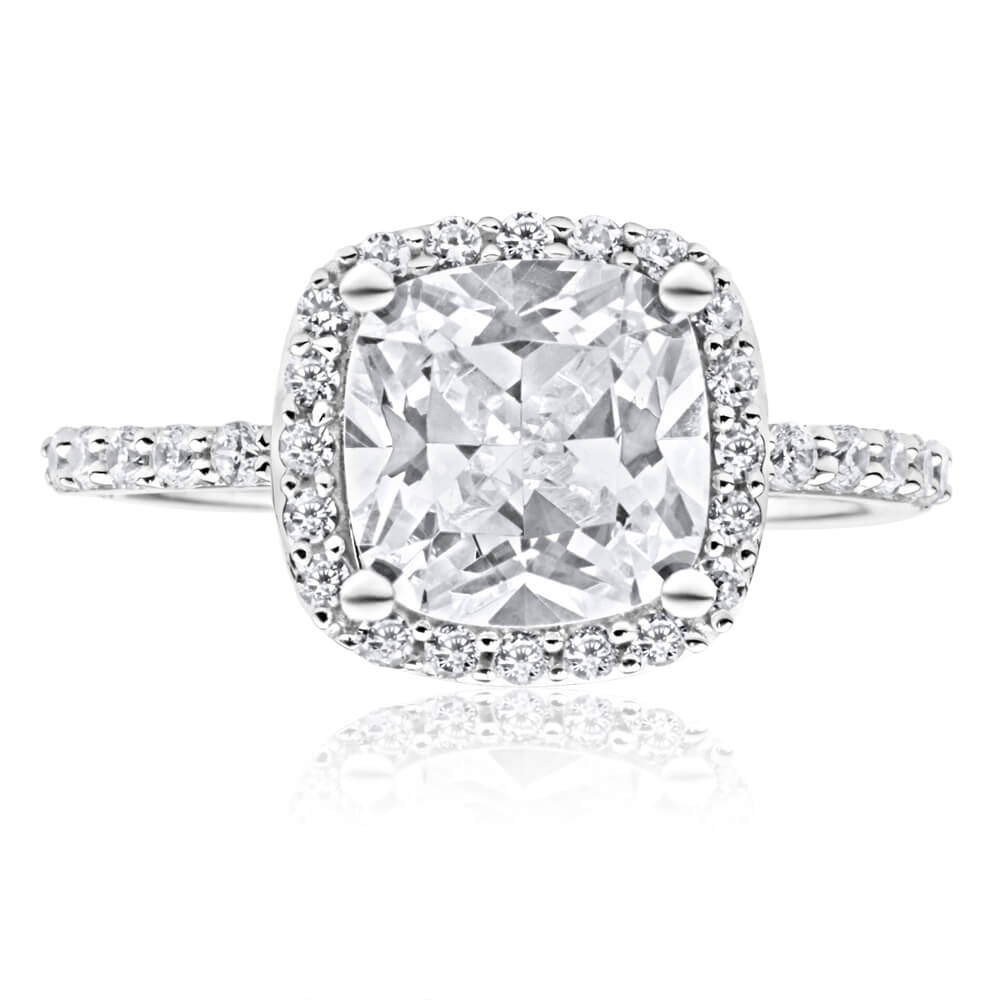 9ct White Gold 8mm Cushion Cut Cubic Zirconia Halo Ring