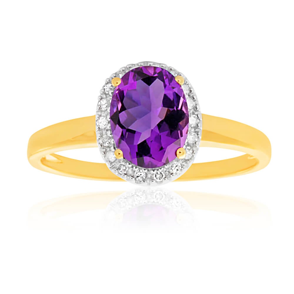 9ct Yellow Gold & White Gold Amethyst and Diamond Ring