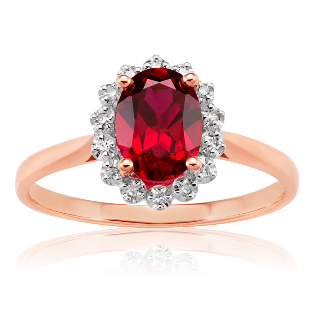 9ct Rose Gold Created Ruby + Diamond Ring