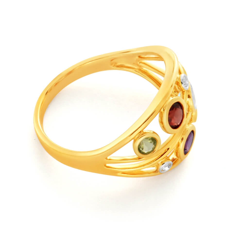 9ct Yellow Gold Multi Gemstone & Diamond Ring